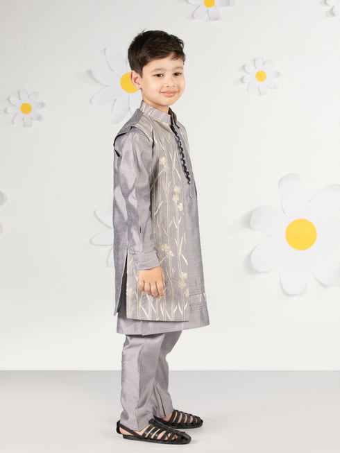 Boy's' Purple Jacket,Kurta And Pyjama Set.